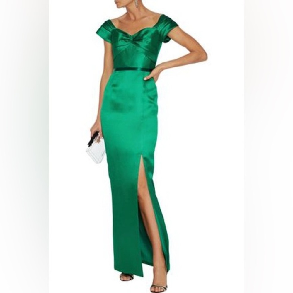 NWT MARCHESA NOTTE Off-the-shoulder Twist-front Satin-piqué Gown